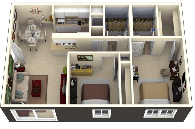 19 Awesome 3D Apartment Plans With Two Bedrooms - Part 1