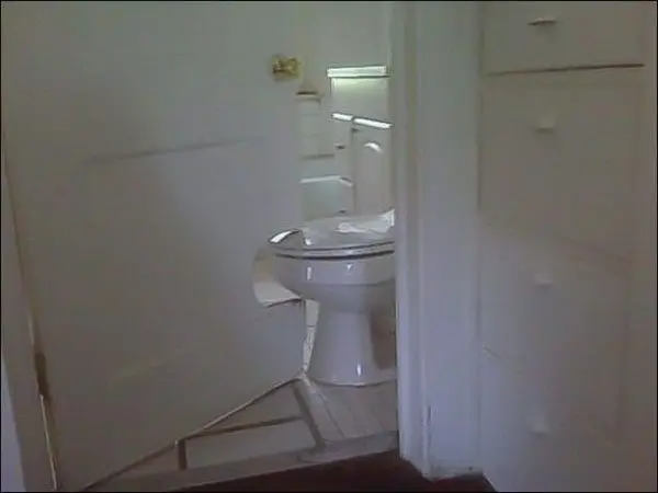 door with cut out piece missing in the shape of the toilet so it can open and close 