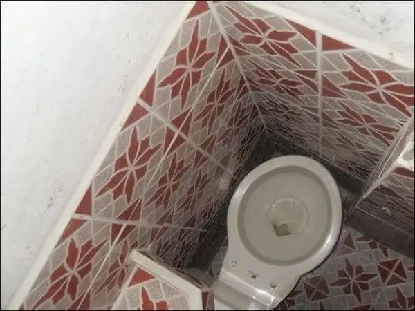 sideways toilet fitting perfectly in corner of room with red tiles 
