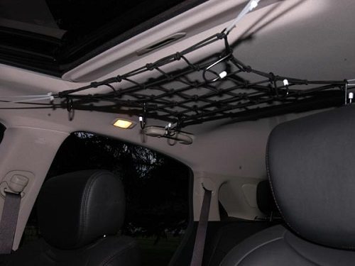 mesh bungee tied to roof handles for extra storage