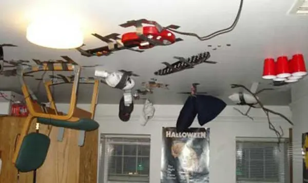 items taped to the ceiling 