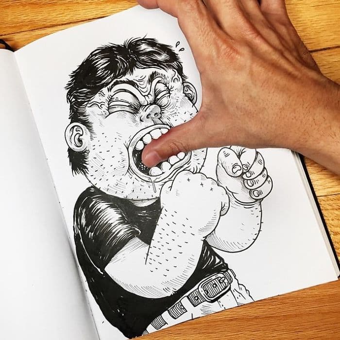 cartoon man bite finger