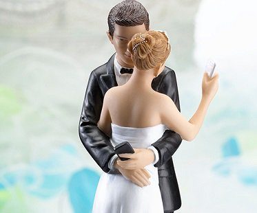 texting bride and groom cake topper back