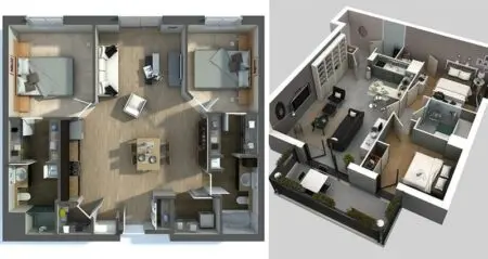 3D Apartment Plans 2 bedrooms
