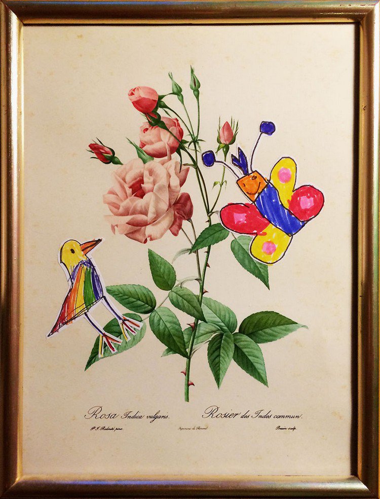 bird butterfy roses painting