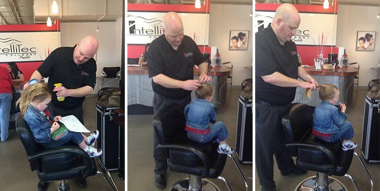 dad fixing daughter hair