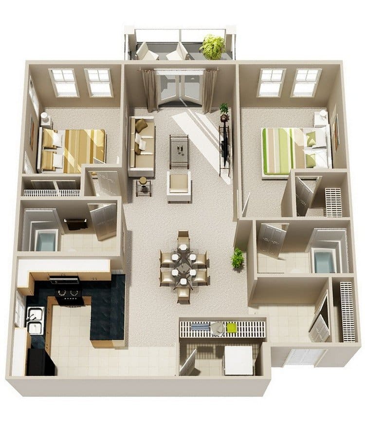 20 Awesome 3D Apartment Plans With Two Bedrooms Part 2