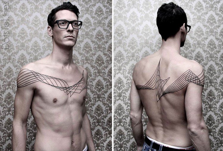 man glassess chest back tattoos