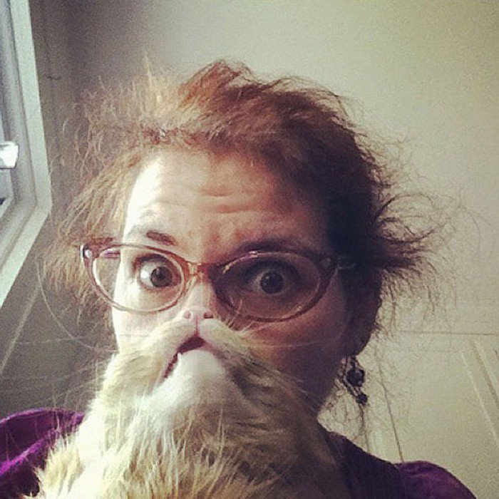 messy hair woman glasses cat beard