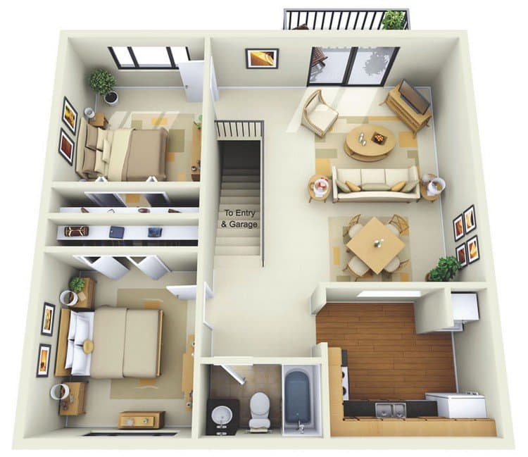 19 Awesome 3D Apartment Plans With Two Bedrooms Part 1