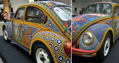 vw beetle covered in glass beads