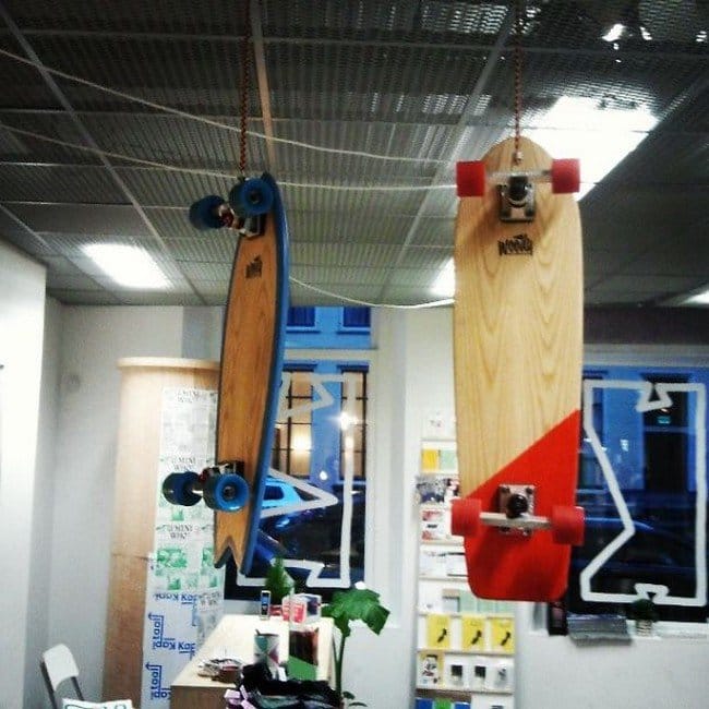 painted skateboards suspended