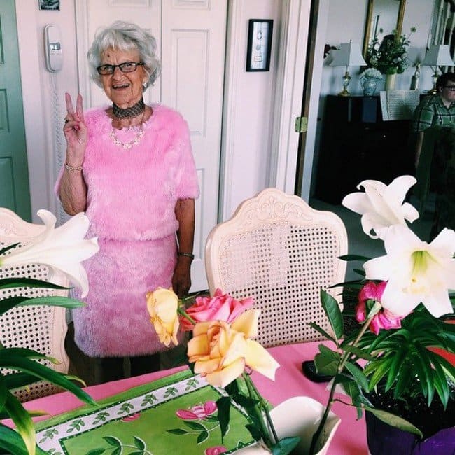 grandma pink dress peace sign