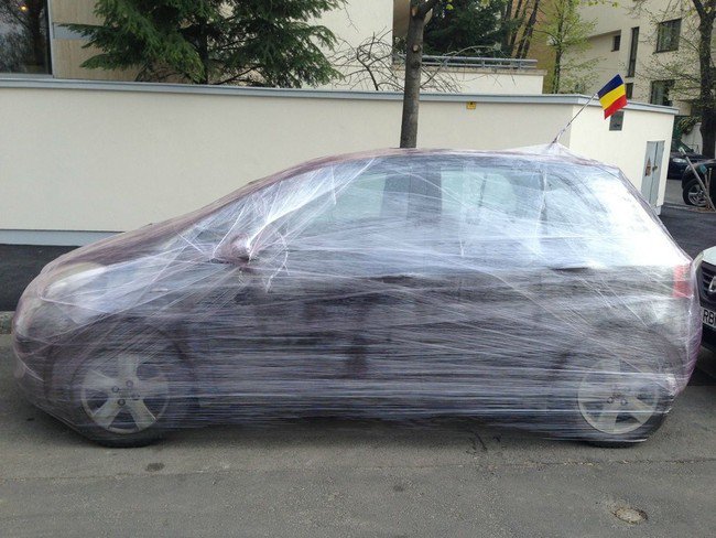 plastic wrapped car