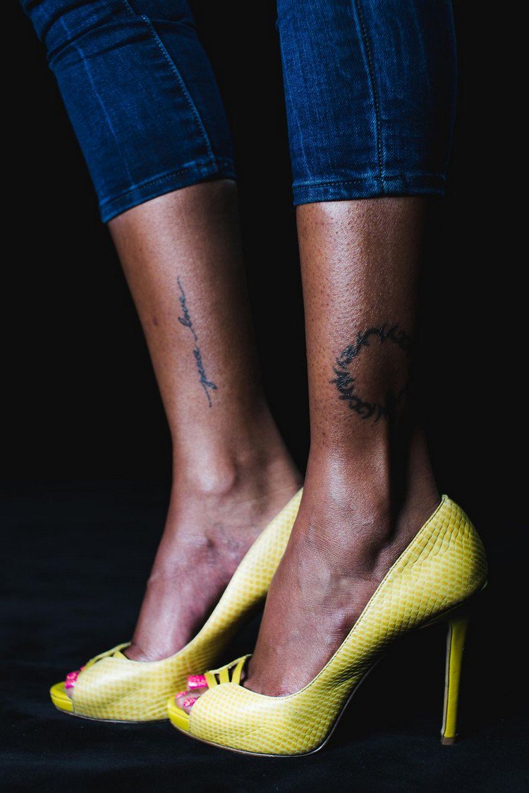 yellow shoes tattoo legs