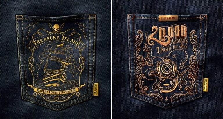 Classic Book Covers Embroidered On Jean Pockets