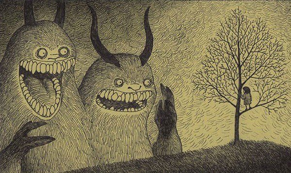 horned monsters teeth girl tree