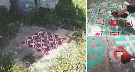 Designer Spray Paints Tile Patterns On Floors