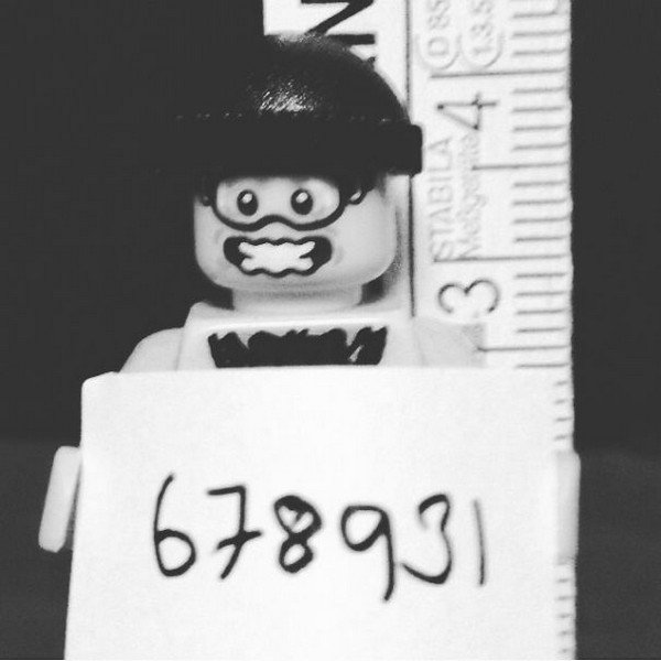 LEGO figure mugshot