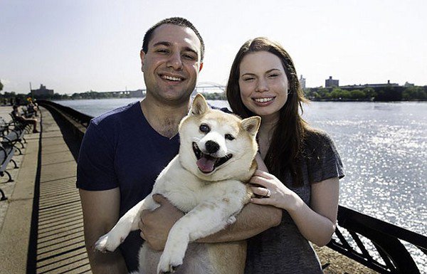 couple dog smiling outdoors