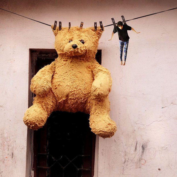 tiny woman teddy washing line