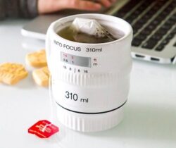 white camera lens mug