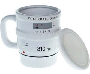white camera lens mug lid
