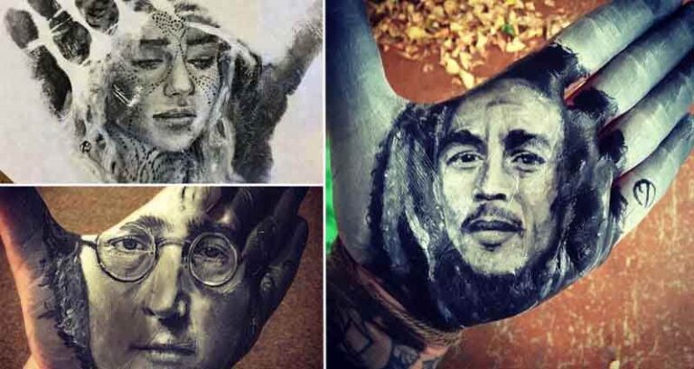 Artist Paints Portraits Of Famous Faces On His Hand Then Stamps On Paper