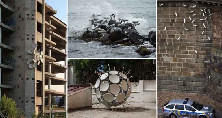Jakub Geltner Infects Cities With CCTV And Satellite Dishes CCTV And Satellite Dishes Art Installation