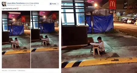 Homeless Boy Doing Homework Outside Mcdonalds