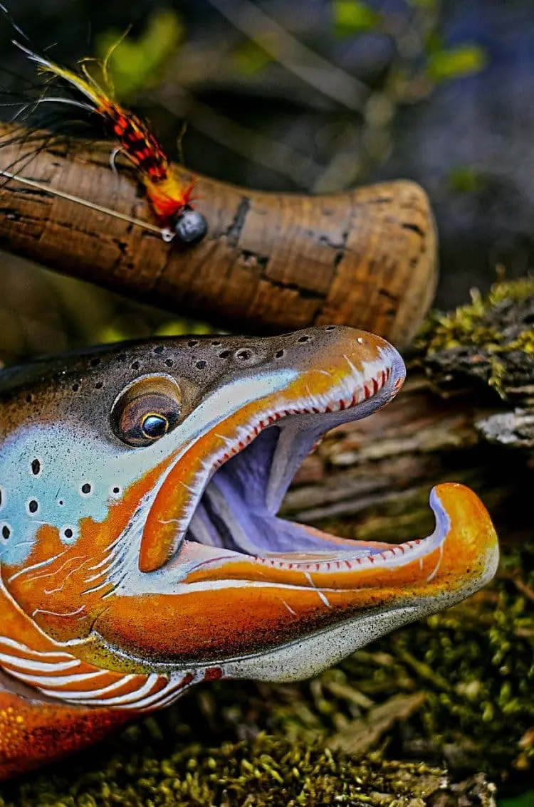 trout carving close up
