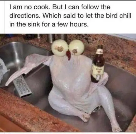 chicken sitting in sink like human with beer and tv remote