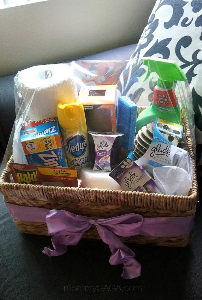 hamper full of cleaning products