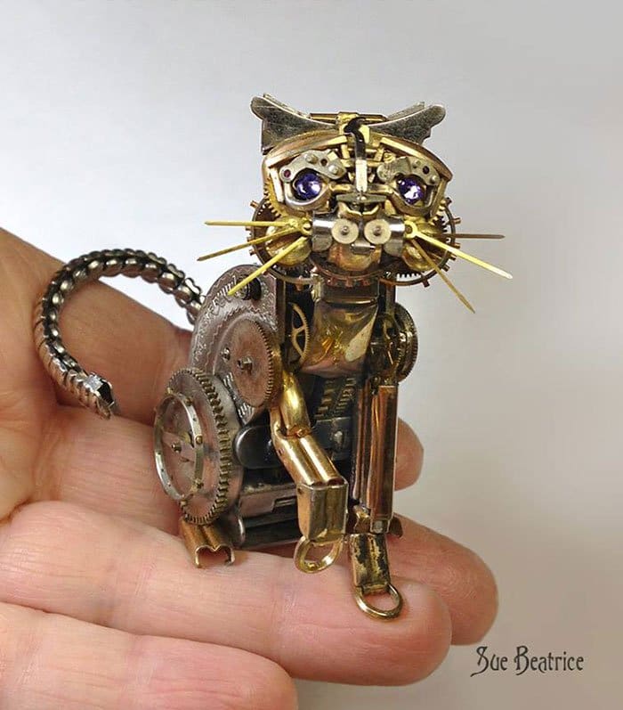 recycled-watch-parts-steampunk-sculptures-cat