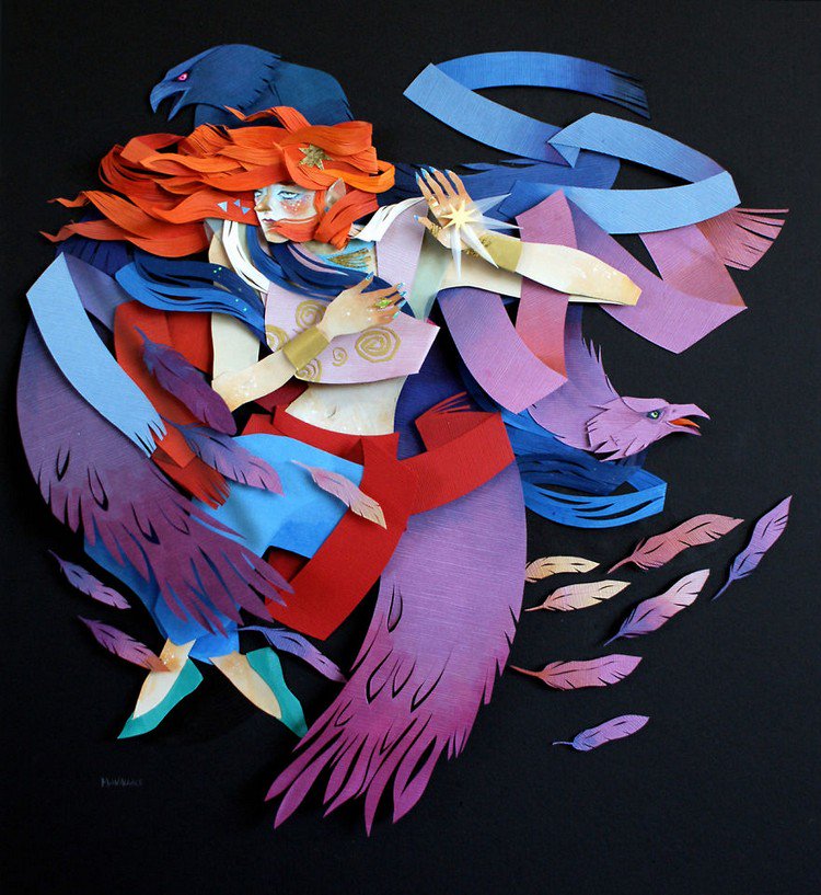 red haired woman bird paper