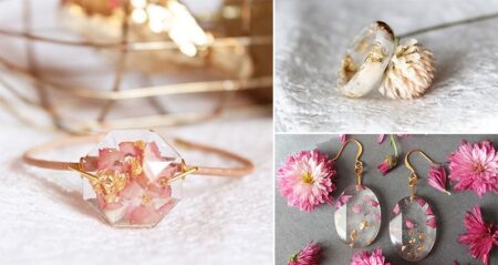 Lyuda Resin Jewelry Flower Petals Gold Flakes