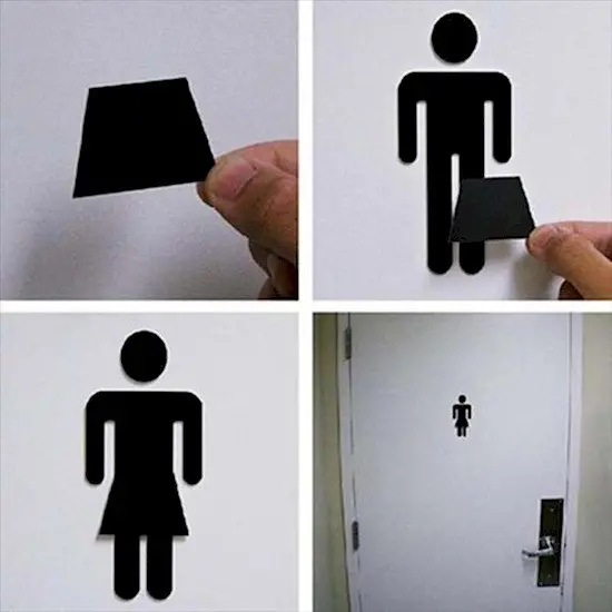 skirt sticker added to male bathroom sign to make it look like a female sign
