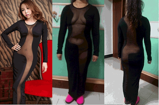 black dress with mesh panel expectation vs reality clothing fails 