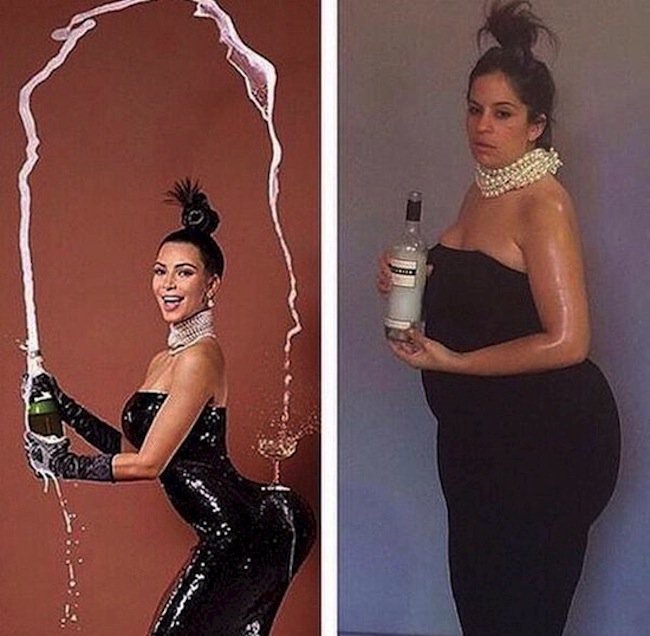 kim kardashian black outfit with pearls and wine bottle expectations vs reality 