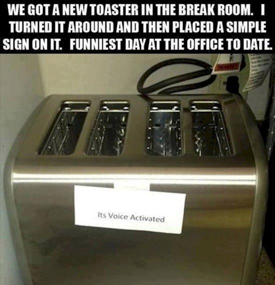 toaster with a sticker saying voice activated on it