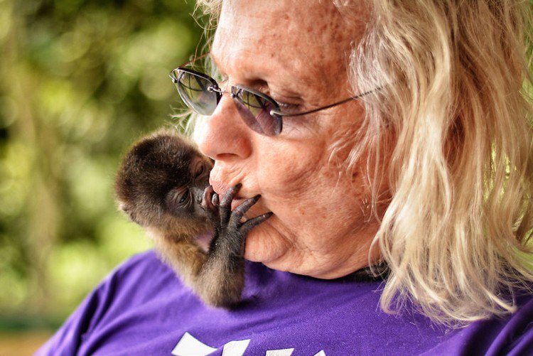 monkey touching woman