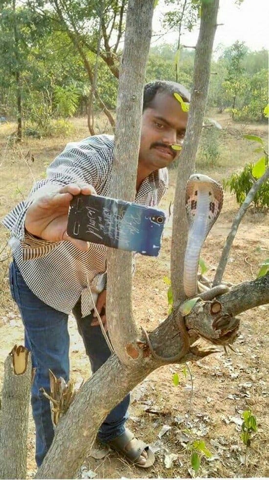 man with snake selfie