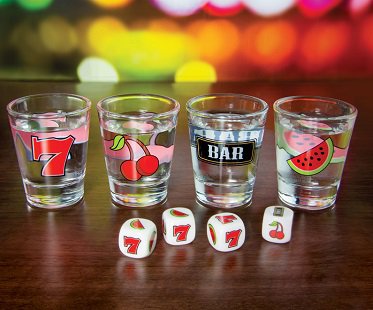 The Shed Man Fruit Machine Drinking Game Jackpot Shots 4 Shot Glasses and Dice 