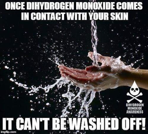 hands under running water with dihydrogen-monoxide fact