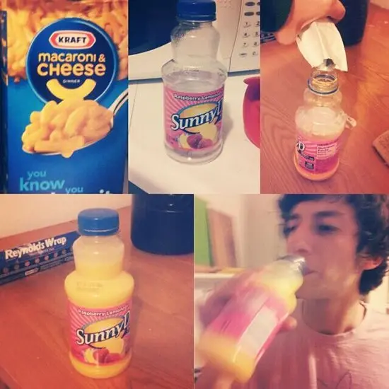 macaroni cheese juice put inside sunny d bottle prank