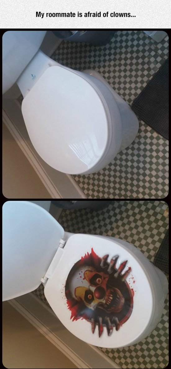 clown sticker on toilet seat prank