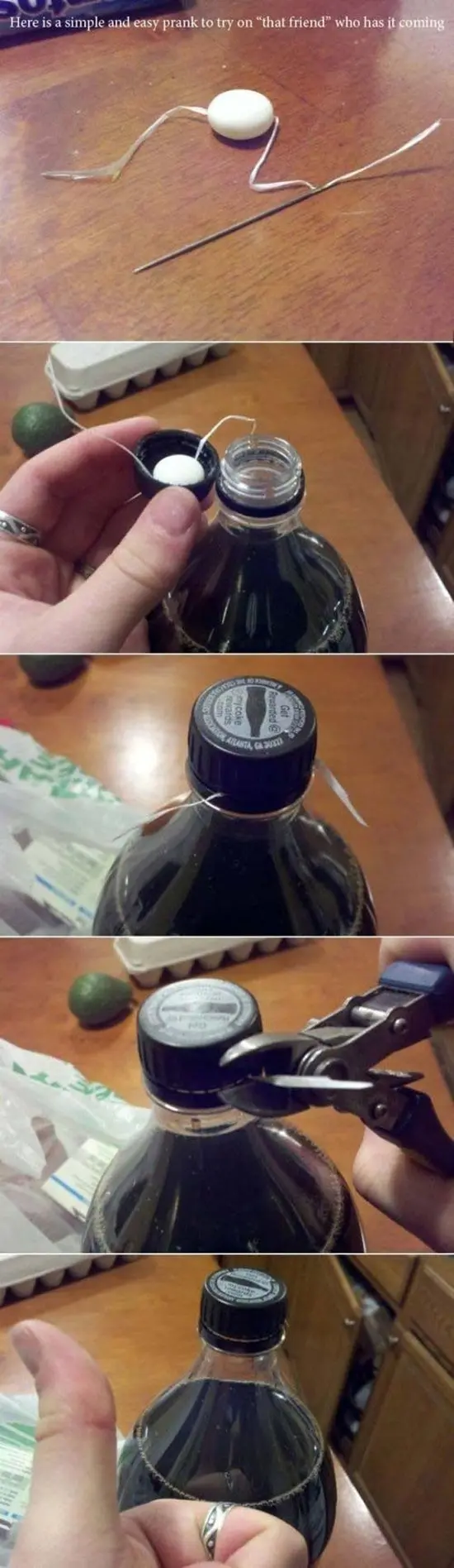 mentos on a string hidden in bottle of coke lid step by step instructions