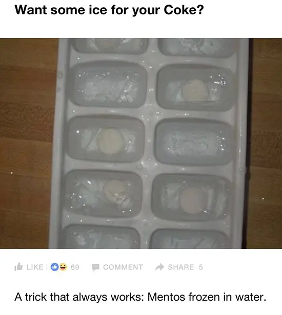 mentos frozen in water in ice cube tray