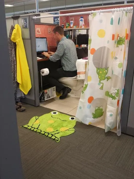 office transformed into bathroom prank