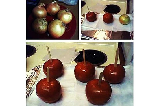 onions being dipped to look like toffee apples